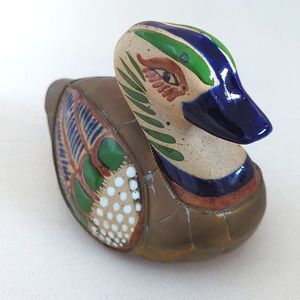 Vintage Mexican Ceramic Pottery Brass Duck Duckling Bird Hand painted folk art